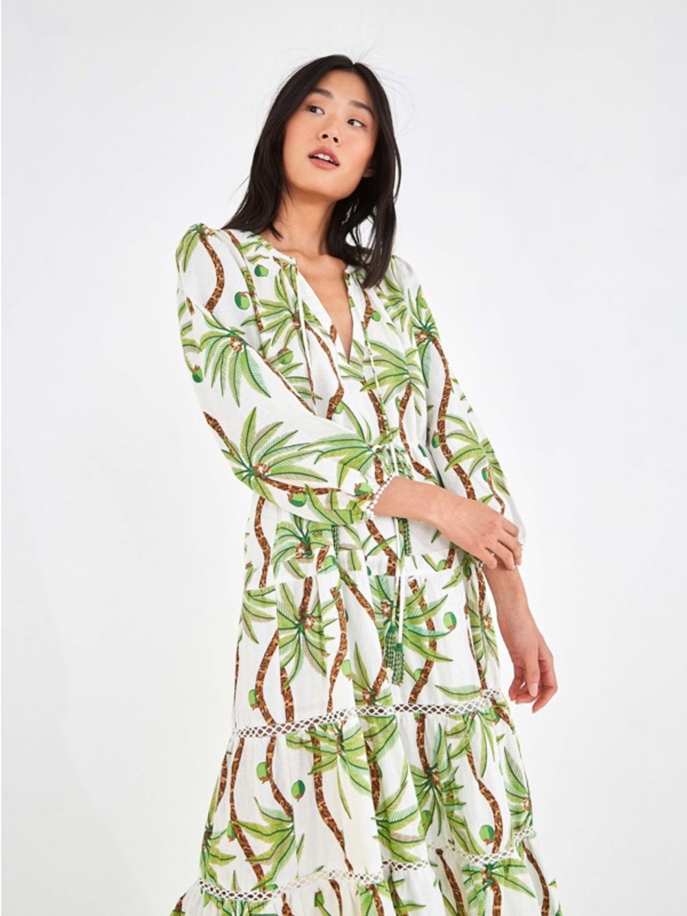 FARM Rio White Maxi Dress with Green and Brown Palm Print